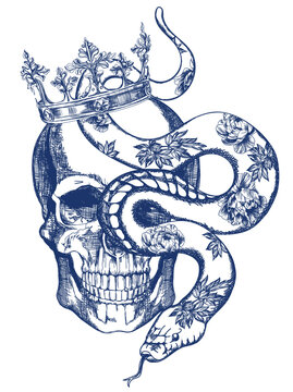Blue skull in crown with flowers and snake in vintage style illustration