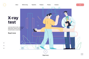 Medical tests template - x-ray test - modern flat vector concept digital illustration of x-ray procedure - a patient and doctors with a x-ray machine, medical office or laboratory