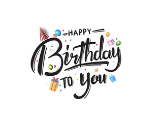 happy birthday typography black color vector design with birthday party element isolated on white background can be use for background, poster and template