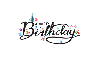 happy birthday typography black color vector design with birthday party element isolated on white background can be use for background, poster and template