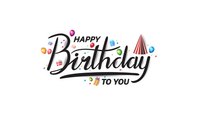 happy birthday typography black color vector design with birthday party element isolated on white background can be use for background, poster and template