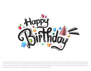 happy birthday typography black color vector design with birthday party element isolated on white background can be use for background, poster and template