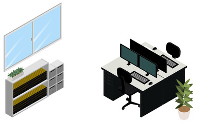 無人のオフィスと電源の切れたパソコンモニター　アイソメトリック