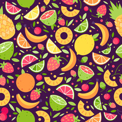 Naklejka premium Vector colorful summer fruits and berries seamless pattern. Summer fruits for healthy lifestyle. Vector flat cartoon illustration on dark background