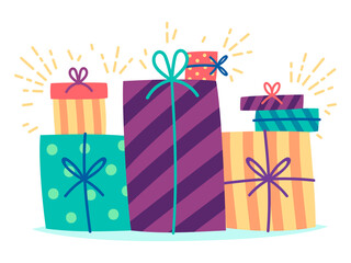 Present boxes set. Colorful illustration of different gift boxes. Happy Birthday concept card. Flat style vector illustration