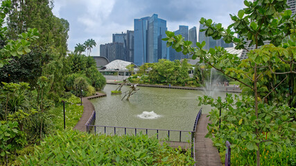   View of Dragonfly Lake.On the waterfront people walk