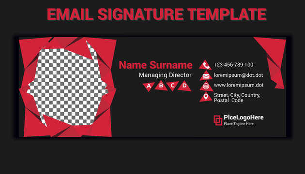 red email signature template design vector with space for place photo logo information icon  for corporate, business .email signatures illustration with contact  phone for branding and communication 