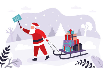 Santa Claus announces new year discounts and holiday sales. Father Christmas carries sled with gift boxes. Concept of winter holidays