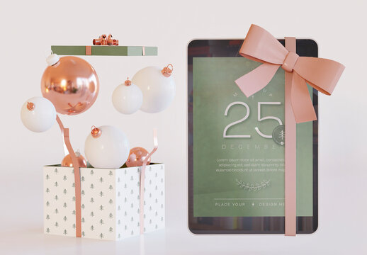 Tablet Screen Mockup with Christmas Decoration