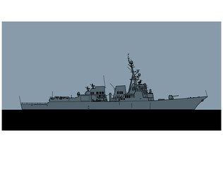 US Navy Arleigh Burke-class Flight II guided missile destroyer. Vector image for illustrations and infographics.
