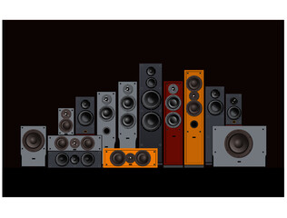 Acoustic Sound Systems. Front speaker, monitor, centre channel speaker, subwoofer. Vector image for illustrations.
