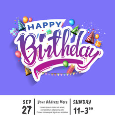 Obraz premium happy birthday vector design with balloons, gift box, hat, cake and confetti isolated on purple background can be use for celebration event