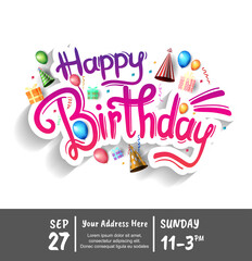 happy birthday vector design with balloons, gift box, hat, cake and confetti isolated on white background can be use for celebration event