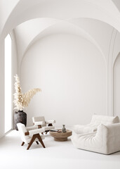 Contemporary minimalist white interior, Scandi-Boho style, 3d render © artjafara