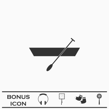 Boat with paddles icon flat.