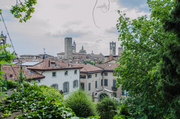 View to Bergamo old city, traditional buildings. Italy.