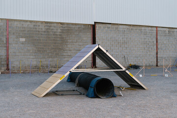 Set of various agility equipment for dogs training and dressage installed on outdoor ground