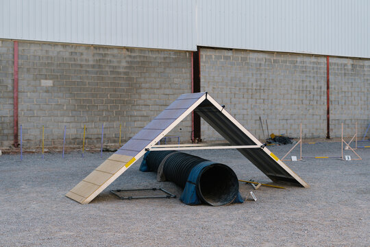 Set of various agility equipment for dogs training and dressage installed on outdoor ground