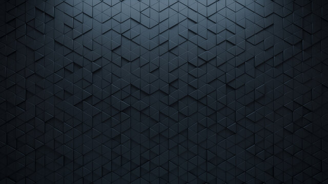 Futuristic, High Tech, dark background, with a triangular block structure. Wall texture with a 3D triangle tile pattern. 3D render