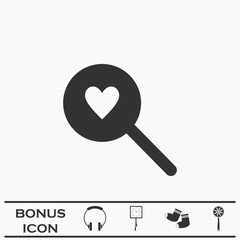 Heart search icon flat.