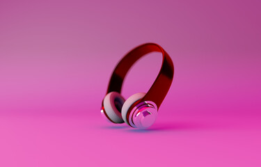 Red headphones on a pink background. Music. 3d rendering.