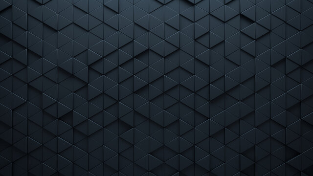 Futuristic, High Tech, dark background, with a triangular block structure. Wall texture with a 3D triangle tile pattern. 3D render
