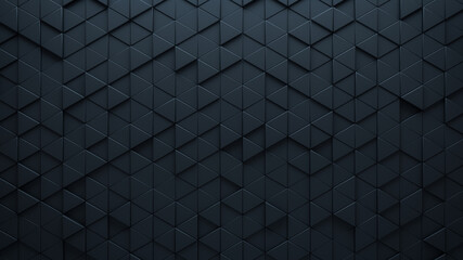 Futuristic, High Tech, dark background, with a triangular block structure. Wall texture with a 3D triangle tile pattern. 3D render