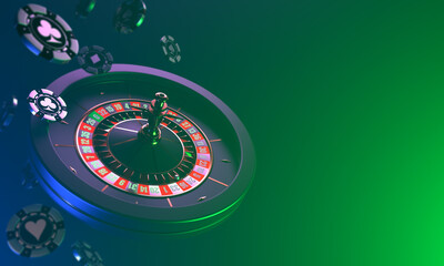 Roulette casino on a dark background. Dynamic falling of casino chips and roulette on a dark background. Casino background. 3d rendering.