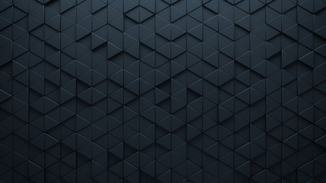 Futuristic, High Tech, dark background, with a triangular block structure. Wall texture with a 3D triangle tile pattern. 3D render