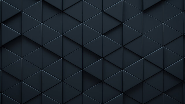 Futuristic, High Tech, dark background, with a triangular block structure. Wall texture with a 3D triangle tile pattern. 3D render