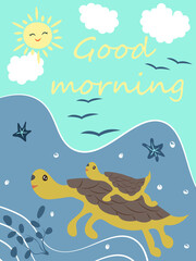 Poster with cute turtles floating on the sea - vector illustration, eps