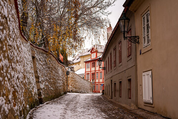 Prague, The Czech Republic-12-03-2020: Narrow street in the centre of Prague in winter