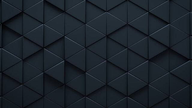 Futuristic, High Tech, dark background, with a triangular block structure. Wall texture with a 3D triangle tile pattern. 3D render