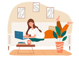 Concept of freelance work, job. Online work. Home workplace, workspace. Young woman lying on bed and using laptop computer. Modern cartoon flat vector illustration isolated on white background