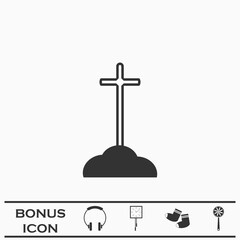 Cross on the grave icon flat.