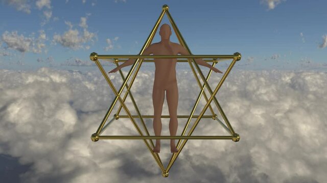 human body and golden merkaba rolling high in the skies