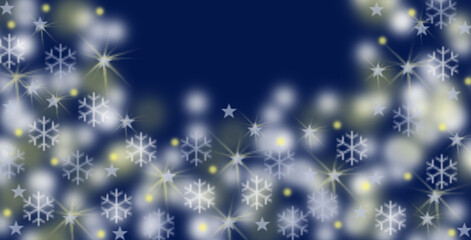 Luci chiare, stelle e fiocchi di neve su sfondo blu