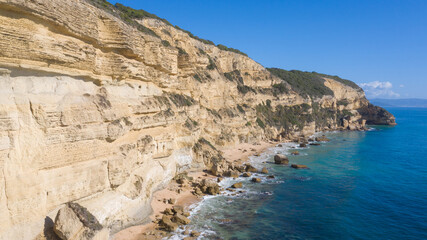 Aerial perspectives of a south Spanish beach in Andalusia with turquoise blue water. Andalusian...