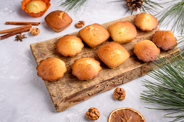 Delicious fragrant vanilla cupcakes on a light background. A place for text, a view from above. Recipes.