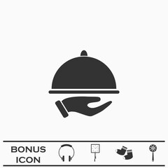 Restaurant cloche in hand the waiter icon flat