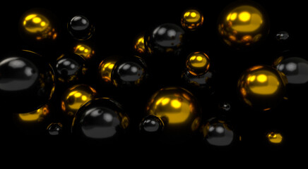 Black and gold balls on a black background. Flying glossy gold and matte black balloons. 3d rendering.