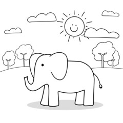 coloring page, cute elephant  in open field