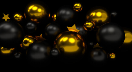 Black and gold balls on a black background. Flying glossy gold and matte black balloons. Golden stars. 3d rendering