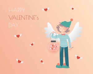 Happy valentines day horizontal banner design. Gradient background. Holiday greeting card. Isolated vector illustration. Cute romantic angel with hearts vector. Love symbol.