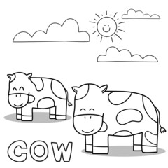 coloring page,two cute cows with smile face sun and cloud
