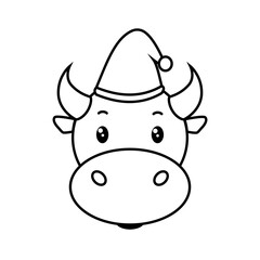 Cute cartoon bull with a cap and stars.. Hand drawn vector illustration. Black contour drawing isolated on white. Single funny happy animal character. Symbol 2021. for design, card, print, decor etc.