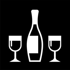 A bottle of wine with two glasses. A pleasant alcoholic drink. Black silhouette on a white background. Vector flat illustration.