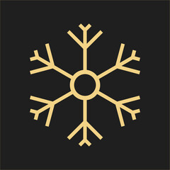 Gold Christmas snowflake icon. Golden silhouette snow flake sign isolated on black background. Elegant design for card, decoration. Symbol winter, New Year holiday celebration Vector illustration