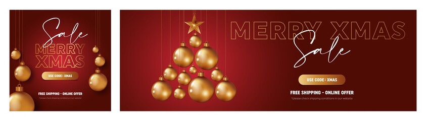 Creative set for Christmas Sale posters with shiny ,Christmas ball and star. Vector illustration.
Merry Christmas and Happy New Year greeting card. Xmas decoration balls design hanging on ribbon with 