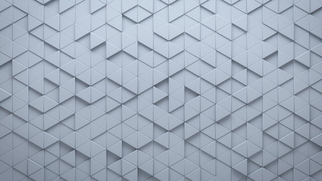 Futuristic, High Tech, light background, with a triangular block structure. Wall texture with a 3D triangle tile pattern. 3D render